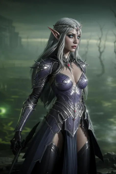 a beautiful dark-skinned woman with long silver hair, symmetrical face, pointed ears, and well-detailed bright blue eyes. She wears a low-cut black dress with a high collar and short skirt, on her beautiful neck she wears a silver necklace with a decorated silver medallion. with a blue diamond in the center. She also wears on her back a long black cape secured in front by a silver chain with two silver brooches at the ends, very large upright breasts, wide hips, thick thighs, at the waist She is wearing a thick silver chain belt with a medium-sized round silver medallion, black leather gloves, and silver earrings with a small blue sapphire, black low-heeled ankle boots, walking through a forest of red maples with maple leaves red falling covering the ground, sunlight passing through the trees, very detailed, Photorealistic anime, Masterpiece. 8k resolution.