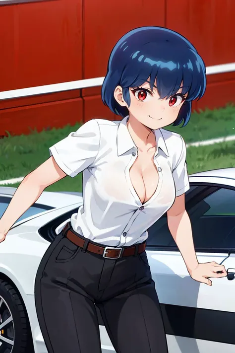 masterpiece, best quality, 1girl posing sexy,
RYUUNOSUKE FUJINAMI,<lora:ryuunosuke fujinami s1-lora-nochekaiser:0.7>,
SHORT HAIR, BLUE HAIR, (RED EYES:1.2),
SHIRT, SCHOOL UNIFORM, (WHITE SHIRT:1.5), SHORT SLEEVES, COLLARED SHIRT, BELT, PANTS,CLEAVAGE, smile, happy, cowboy shot,(racing background,sport car)