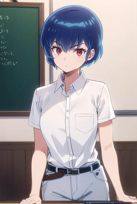 ryuunosukefujinami, <lora:ryuunosuke fujinami s1-lora-nochekaiser:1>,
ryuunosuke fujinami, short hair, blue hair, (red eyes:1.2),
BREAK shirt, school uniform, (white shirt:1.5), short sleeves, collared shirt, belt, pants,
BREAK indoors, classroom,
BREAK looking at viewer, (cowboy shot:1.5),
BREAK <lyco:GoodHands-beta2:1>, (masterpiece:1.2), best quality, high resolution, unity 8k wallpaper, (illustration:0.8), (beautiful detailed eyes:1.6), extremely detailed face, perfect lighting, extremely detailed CG, (perfect hands, perfect anatomy),