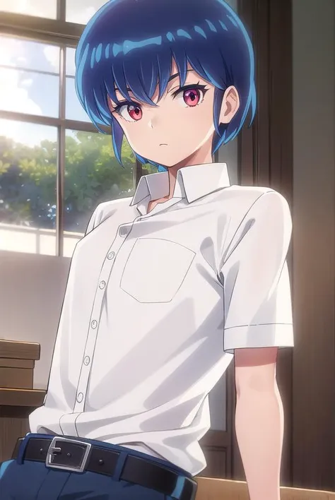ryuunosukefujinami, <lora:ryuunosuke fujinami s1-lora-nochekaiser:1>,
ryuunosuke fujinami, short hair, blue hair, (red eyes:1.2), 
BREAK shirt, school uniform, (white shirt:1.5), short sleeves, collared shirt, belt, pants,
BREAK indoors, classroom,
BREAK looking at viewer, (cowboy shot:1.5),
BREAK <lyco:GoodHands-beta2:1>, (masterpiece:1.2), best quality, high resolution, unity 8k wallpaper, (illustration:0.8), (beautiful detailed eyes:1.6), extremely detailed face, perfect lighting, extremely detailed CG, (perfect hands, perfect anatomy),
