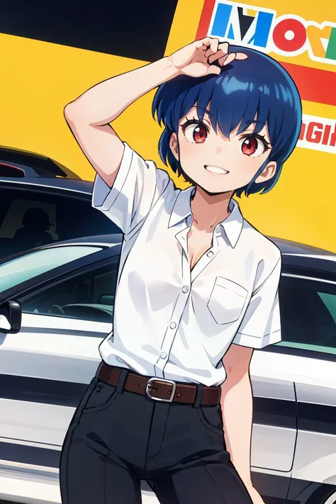 masterpiece, best quality, 1girl posing sexy,
RYUUNOSUKE FUJINAMI,<lora:ryuunosuke fujinami s1-lora-nochekaiser:0.7>, (petite:1.2)
SHORT HAIR, BLUE HAIR, (RED EYES:1.2),
SHIRT, SCHOOL UNIFORM, (WHITE SHIRT:1.5), SHORT SLEEVES, COLLARED SHIRT, BELT, PANTS,CLEAVAGE, smile, happy, cowboy shot,(racing background,sport car)