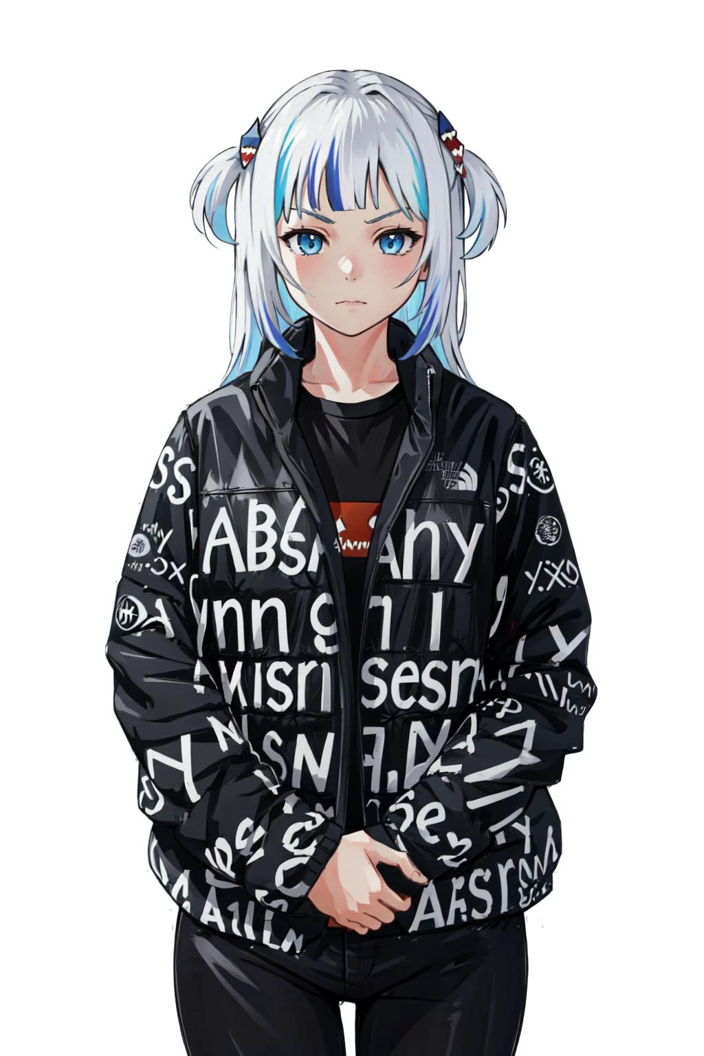 drip jacket,white background, shirt, closed mouth, open clothes, black pants, pants, 1girl, black shirt, looking at viewer, open jacket, solo, own hands together, (masterpiece:1.4), (best quality:1.4), realistic, 1girl, front view, serious, <lora:attire_dripmeme-10:0.8>,
<lora:gura-10:1>, gawr gura, two side up, shark hair ornament,