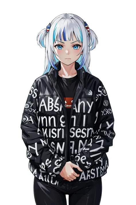 drip jacket,white background, shirt, closed mouth, open clothes, black pants, pants, 1girl, black shirt, looking at viewer, open jacket, solo, own hands together, (masterpiece:1.4), (best quality:1.4), realistic, 1girl, front view, serious, <lora:attire_dripmeme-10:0.8>,
<lora:gura-10:1>, gawr gura, two side up,  shark hair ornament,