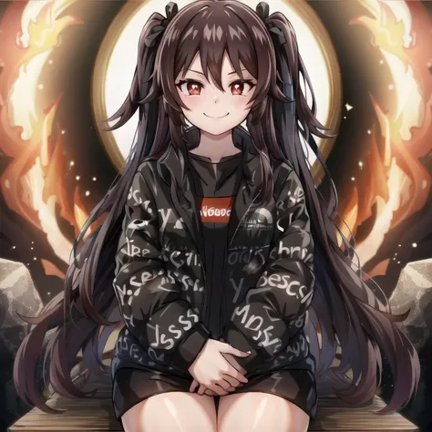 extremely detailed CG, high resolution, best quality, masterpiece, hutaornd, dripjacket, own hands together, evil smile, looking at viewer, <lora:attire_dripmeme-10:0.9> <lora:huTaoGenshinImpact_v10:0.8>