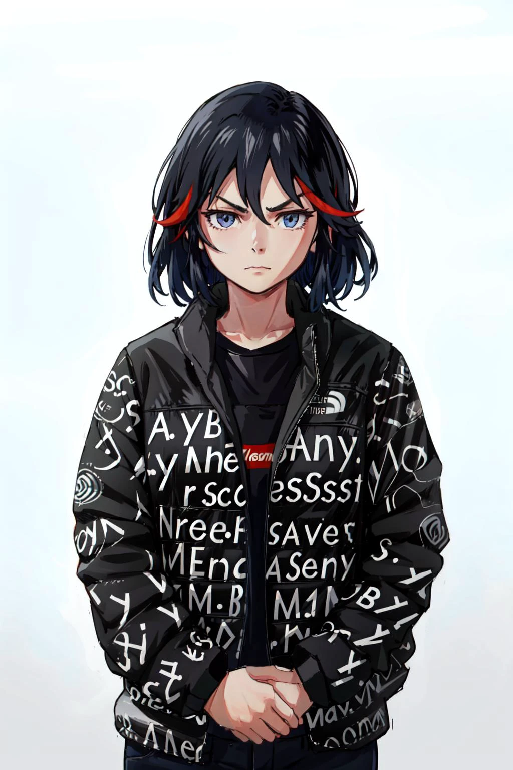 drip jacket,white background, shirt, closed mouth, open clothes, black pants, pants, 1girl, black shirt, looking at viewer, open jacket, solo, own hands together, (masterpiece:1.4), (best quality:1.4), realistic, 1girl, front view, serious, <lora:attire_dripmeme-10:0.8>,
<lora:MatoiRyuukoV3:0.8>, matoi ryuuko