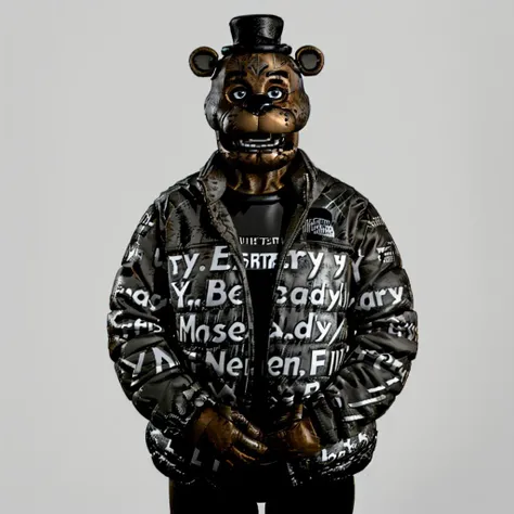 (masterpiece, best quality:1.2) <lora:attire_dripmeme-10:1> <lora:FNAFV1_11:0.6> A beautiful photo of freddyfnaf Freddy (wearing drip jacket with white lettering: 1), (hands together), grey background, 4k, realistic