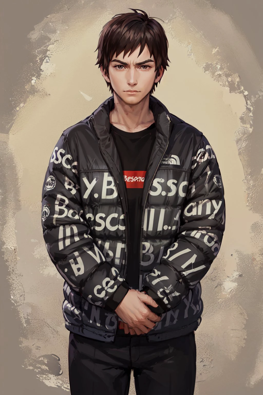 (masterpiece, best quality:1.2), <lora:attire_dripmeme-10:0.8>, solo, male focus, 1boy, serious, closed mouth, looking at viewer, own hands together, black hair, brown eyes, dripjacket