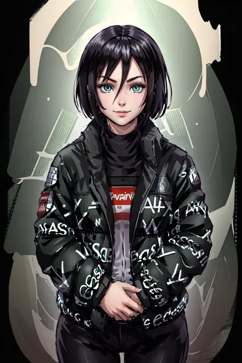 Highly detailed, best quality, masterpiece, mikasa ackerman, 1girl, solo, looking at viewer, light smile, black hair, black pants, green eyes, hair between eyes, detailed face, dripjacket, own hands together, <lora:attire_dripmeme-10:1>, <lora:mikasa_ackerman_offset:1>