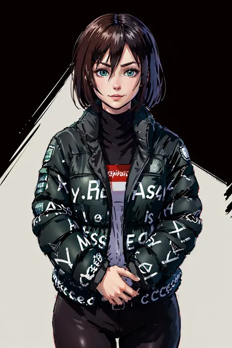Highly detailed, best quality, masterpiece, mikasa ackerman, 1girl, looking at viewer, light smile, brown hair, black pants, green eyes, hair between eyes, detailed face, white background, dripjacket, own hands together, <lora:attire_dripmeme-10:1>, <lora:mikasa_ackerman_offset:1>