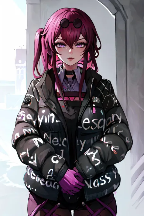 Highly detailed, High Quality, Masterpiece, beautiful, Kafka, <lora:Kafka:1>, 1girl, solo, purple eyes, dripjacket, own hands together, <lora:Outfit_DripJacket:0.85>