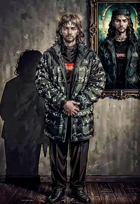 (best quality, masterpiece:1.2), photorealistic, thick outlines, strong shadows, portrait, (full body, 1 adult man, fenn_jesus, brown hair, (dripjacket, own hands together:1.1), serious, glowing halo, looking at viewer:1.2), indoors, church background, <lora:concept_dripmeme:0.8>