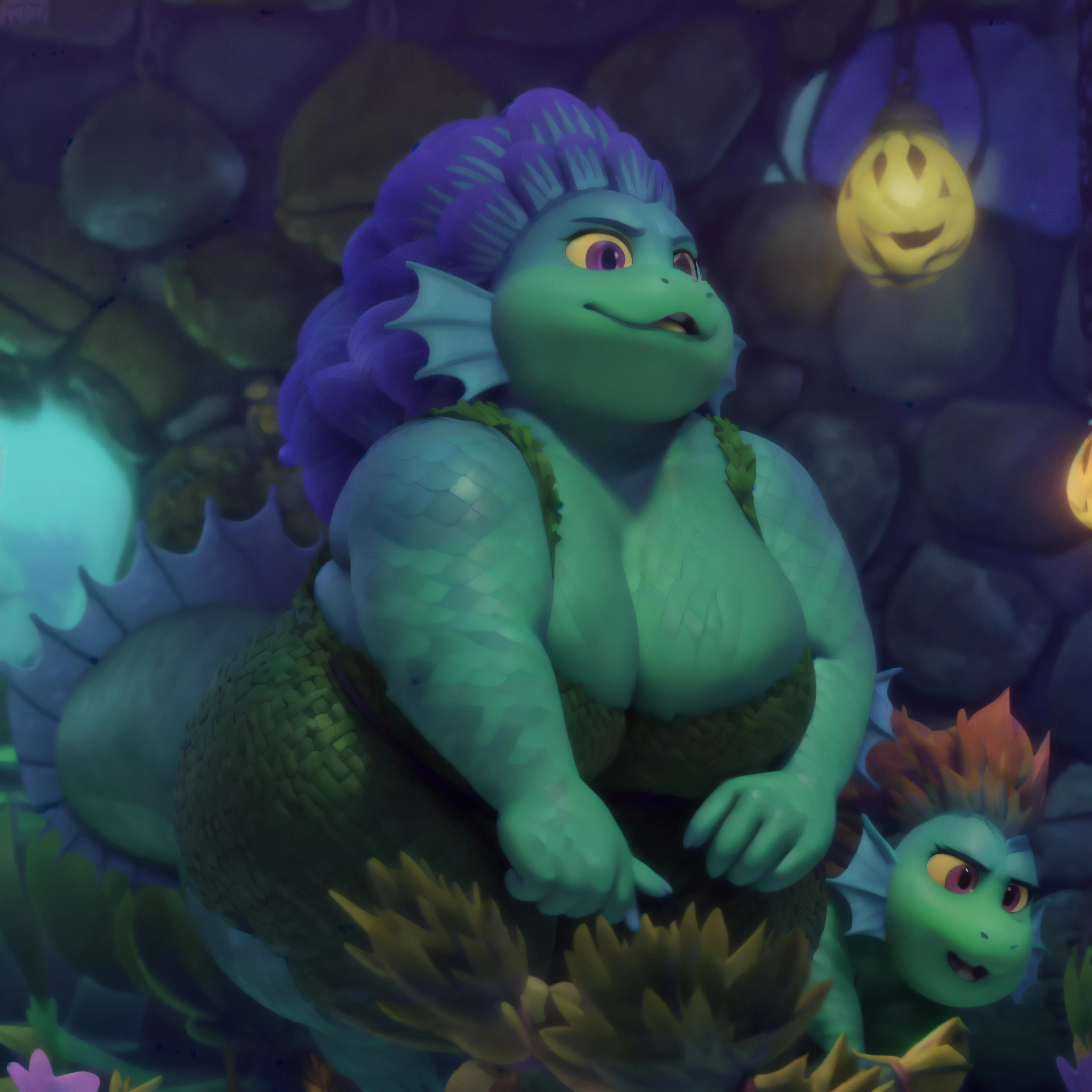 <lora:Daniela Paguro:1>, 3d cartoon, cartoon accurate, anatomically correct, perfect anatomy, 4k, 8k, quality lighting, perfect face, detailed hands, detailed eyes, perfect face, detailed background, solo, Daniela, ssbbw, blue and greenish scales, thin blue fins on her head to replicate her hair, magenta eyes, yellow sclera, oval-shaped pupils, nude, (big boobs:1.2), (wide hips:1.3), (big butt:1.2), spiky caudal fins on arms cheeks back back ankles and long tail), low angle, feet, <lora:BGV5EX:1>