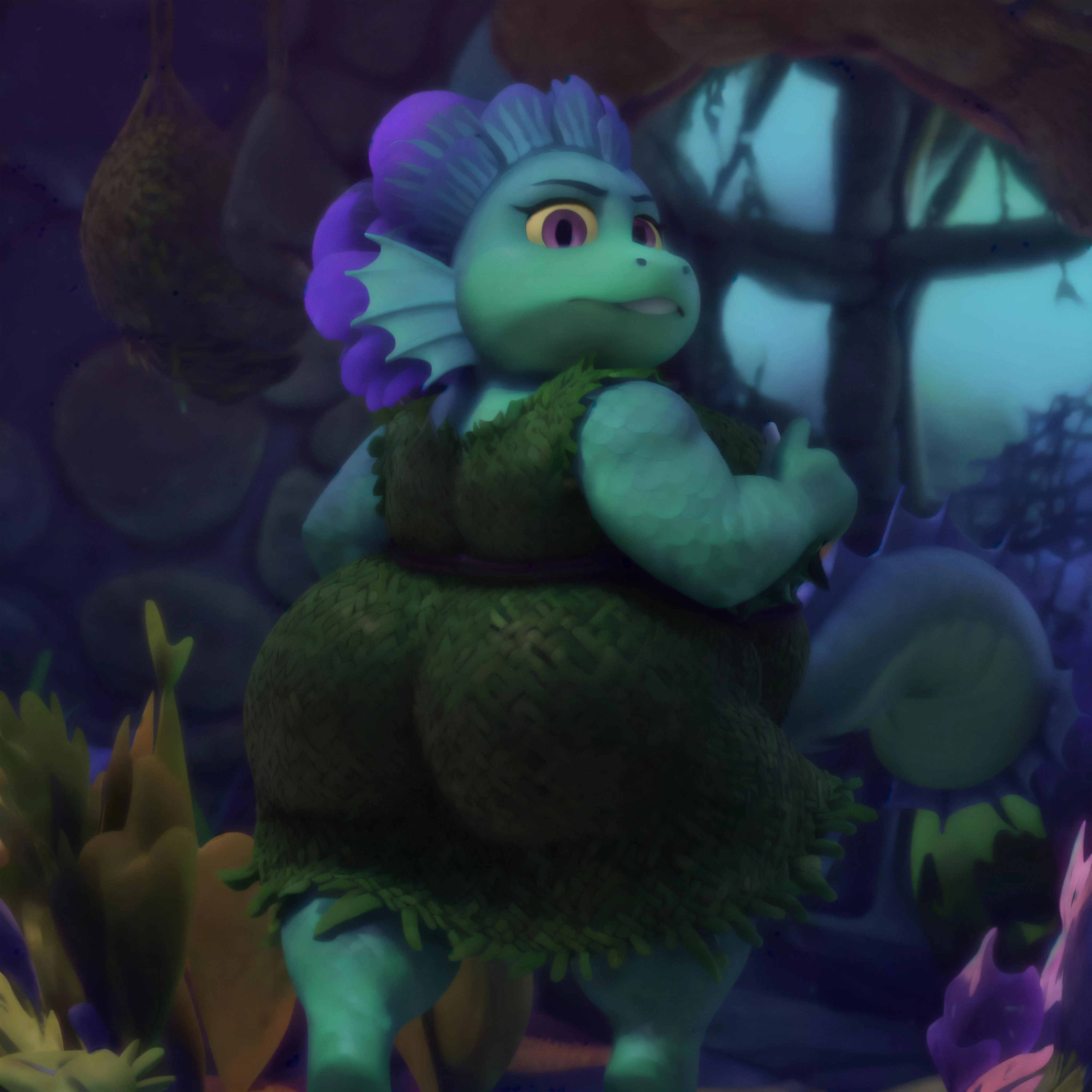 <lora:Daniela Paguro:1>, 3d cartoon, cartoon accurate, anatomically correct, perfect anatomy, 4k, 8k, quality lighting, perfect face, detailed hands, detailed eyes, perfect face, detailed background, solo, Daniela, blue and greenish scales, thin blue fins on her head to replicate her hair, magenta eyes, yellow sclera, oval-shaped pupils, dress made from seaweed, (spiky caudal fins on arms cheeks back back ankles and long tail), front view, <lora:BGV5EX:1>