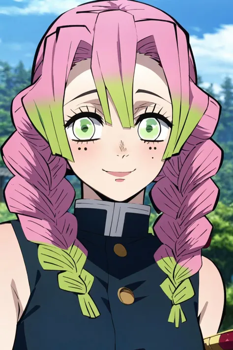 kanroji mitsuri, demon slayer, 1girl, solo, upper body, nature, sky, long hair, smiling, green eyes, pink hair, braid, outdoors, green hair, mole, blurry, twin braids, mole under eye, parody, portrait, demon slayer uniform, large breast, huge breasts, bikini top