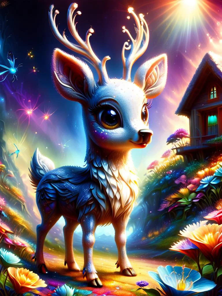 score_9, score_8_up, score_7_up, score_6_up, score_5_up, score_4_up, ultra realistic highly very detailed meadow, trees, grass, mountain, very realistic highly detailed sea of colorful flowers crystal clear lake, young (cute deer:1.4), sharp focus,, ultra realistic extremely detailed, ultra-detailed,extremely delicate and beautiful, vivid colors, masterpiece,best quality, cinematic light,movie lens,movie special effects,detailed details,HDR,UHD,32K, (colorful particles:0.6) (colorful flowers:1.4), cinematic angle, magical look, fantasy setting, (cabin:1.2) (full body:1.6) soft ray of light, glitter background, kawai, <lora:ral-fntsyrlms-sdxl:1> ral-fntsyrlms, highly detailed textures, <lora:ral-glitter:1> ral-glitter, intricate details, iluminated by bright colors, (adorable look:1.6)(glowing tones:1.6),(glitter tones:1.2), vibrant, (tiny colorful fireflies:1.4), enchanting scenery, concept art, magical scenery at daylight, <lora:ral-dstgrtptrn-sdxl:1> ral-dstgrtptrn,