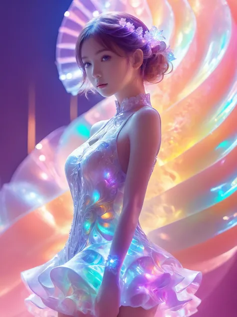 (fractal art:1.3), (colorful colors), 1girl, bailing_cream, A girl made of ice cream, formal_dress, (ice cream surrounds her), translucent luminous body, (upper thighs shot:1.2), front view,
top quality, masterpiece, extreme detailed, highest detailed, 8k, highres, UHD, natural skin texture,