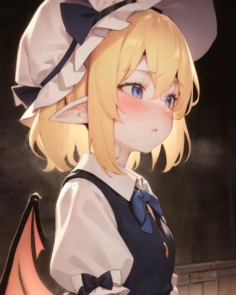 <lyco:Asutora-NAI-LyCORIS-512px:1>
1girl, solo, hat, pointy ears, mob cap, blonde hair, blush, short sleeves, shirt, puffy sleeves, puffy short sleeves, ribbon, hat ribbon, vest, white shirt, white headwear, skirt, one side up, hair between eyes, bangs, sweat, bow, crystal, wings, short hair, upper body, parted lips, nose blush