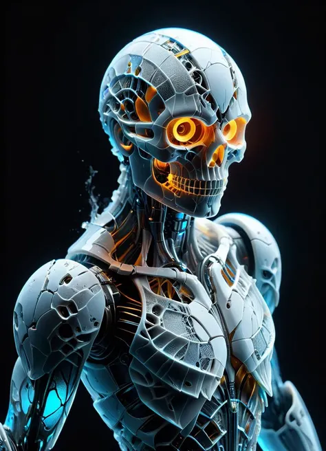 (full body shot:1.5) 3d render, best quality, ultra relic, ultimate detailed, dynamic low angle, half-body shot : stunning charismatic humanoid robot, intricate impressive mechanism opening face, porcelain matte materials, soft colors, expressive eyes, intricate tiniest details, realistic natural textures, high level of reflections <lora:ral-milkyglass:0.8> ral-milkyglass, leaking blue liquid <lora:epoxy_skull:0.45> epoxy_skull <lora:GCXL_v4_bf16:0.48>, subsurface scattering, Photorealistic, Hyperrealistic, analog style, realistic, film photography, soft lighting, heavy shadow, Ombre color scheme of neon orange, neon pink, neon blue, neon yellow, neon green,