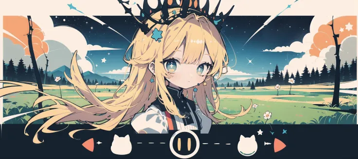 <lora:KAWAII STYLE:1>
detailed, ultra-detailed, masterpiece, 8k wallpaper,
(kawaii style:1.5),(player interface:1.5),
petite, cure lovely, round face,
 1girl, long hair, blonde hair, dress, crown, shooting star, flower, star (symbol), grass, white dress, solo, from behind, long sleeves, standing