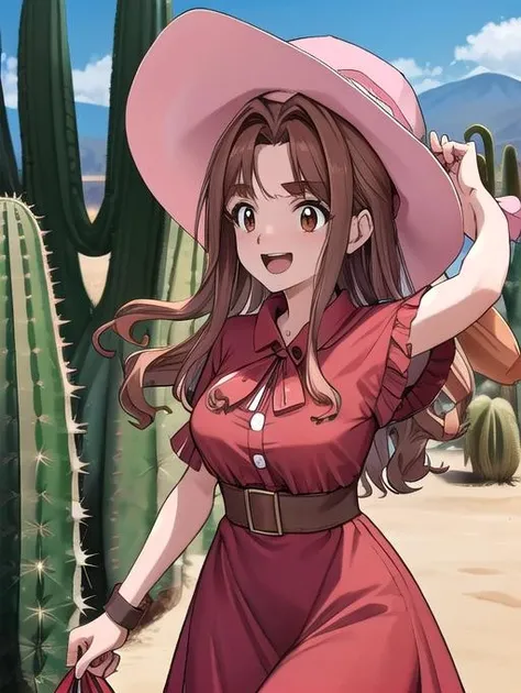 best quality, masterpiece, highres, detailed, <lora:Detail - add_detail:0.2>, MimiDigi,  <lora:MimiDigi:0.8>, outdoors, split bangs, red dress, cowboy western, excited, split bangs, long hair, brown hair, pink hat, curly hair, desert, cactus,