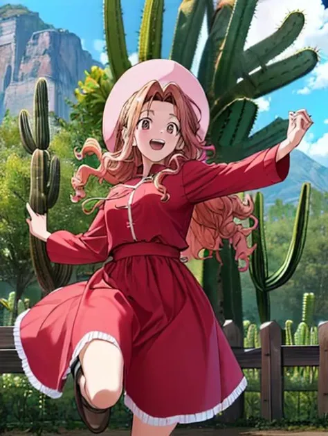 best quality, masterpiece, highres, detailed, <lora:Detail - add_detail:0.2>, MimiDigi, <lora:MimiDigi:0.8>, outdoors, red dress, cowboy western, excited, cactus, curly hair, long hair, pink hat, jumping,