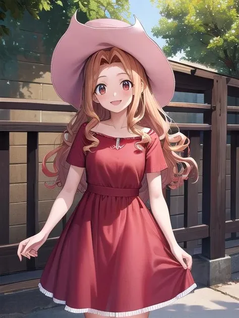 best quality, masterpiece, highres, detailed, <lora:Detail - add_detail:0.2>, MimiDigi, <lora:MimiDigi:0.8>, outdoors, pink hat, red dress, cowboy western, happy, curly hair, long hair,