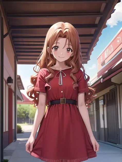 best quality, masterpiece, highres, detailed, <lora:Detail - add_detail:0.2>, MimiDigi, <lora:MimiDigi:0.8>, outdoors, red dress, cowboy western, happy, curly hair, long hair,