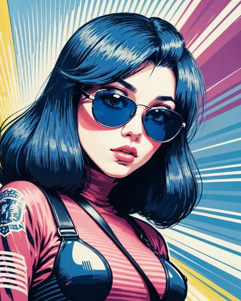 <lora:KMFDM:1> asdKMFDM, girl with aviator glasses, propaganda, (colorful illustration:1.4), sharp focus, hard lines, stylized stencil effect