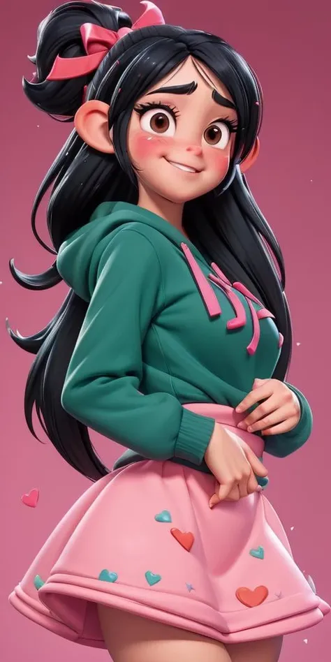 (best quality:1.4),(shiny skin), body focus, (cute face), (((best quality))), illustration, ((Beautiful Finger)), , Beautiful body, Beautiful character design, ,perfect lighting, Colorful, Bright_Front_face_Lighting, ultra high res, highres, absurdres:1.2, bokeh:1.2, lens flare, (vibrant_color:1.2), (Beautiful, medium breasts:1.6), (thick thighs:1.1), THICK, <lora:Vanellope_von_Schweetz:1> Black hair with colored sprinkles, red ribbon, teal hoodie, large brown eyes, pointy ears, pink blush on cheeks, content expression, skirt