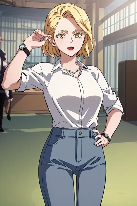 masterpiece, best quality, absurdres, perfect anatomy, beautiful background, beautiful face, beautiful eyes, beautiful body, happy, sophiaboray, 1girl, solo, short hair, blonde hair, shirt, jewelry, yellow eyes, white shirt, necktie, collared shirt, pants, necklace, denim, watch, jeans, wristwatch, high-waist pants, Posing with hands on cheeks, <lora:SophiaBoray:0.85>
