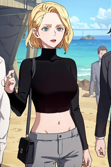masterpiece, best quality, absurdres, perfect anatomy, beautiful background, beautiful face, beautiful eyes, beautiful body, happy, sophiaboray, 1girl, solo, short hair, pants, blonde hair, shirt, long sleeves, midriff, sweater, crop top, black shirt, turtleneck, grey pants, handbag, black sweater, Pretending to be in a surfing pose, <lora:SophiaBoray:0.85>