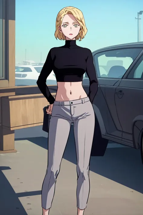 masterpiece, best quality, absurdres, perfect anatomy, beautiful background, beautiful face, beautiful eyes, beautiful body, happy, sophiaboray, 1girl, solo, short hair, pants, blonde hair, shirt, long sleeves, midriff, sweater, crop top, black shirt, turtleneck, grey pants, black sweater, Standing with hands on hips, cute, confident expression, <lora:SophiaBoray:0.85>