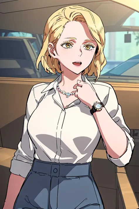 masterpiece, best quality, absurdres, perfect anatomy, beautiful background, beautiful face, beautiful eyes, beautiful body, happy, sophiaboray, 1girl, solo, short hair, blonde hair, shirt, jewelry, yellow eyes, white shirt, collared shirt, pants, necklace, denim, watch, jeans, wristwatch, high-waist pants, Lying with one hand under the cheek, <lora:SophiaBoray:0.85>
