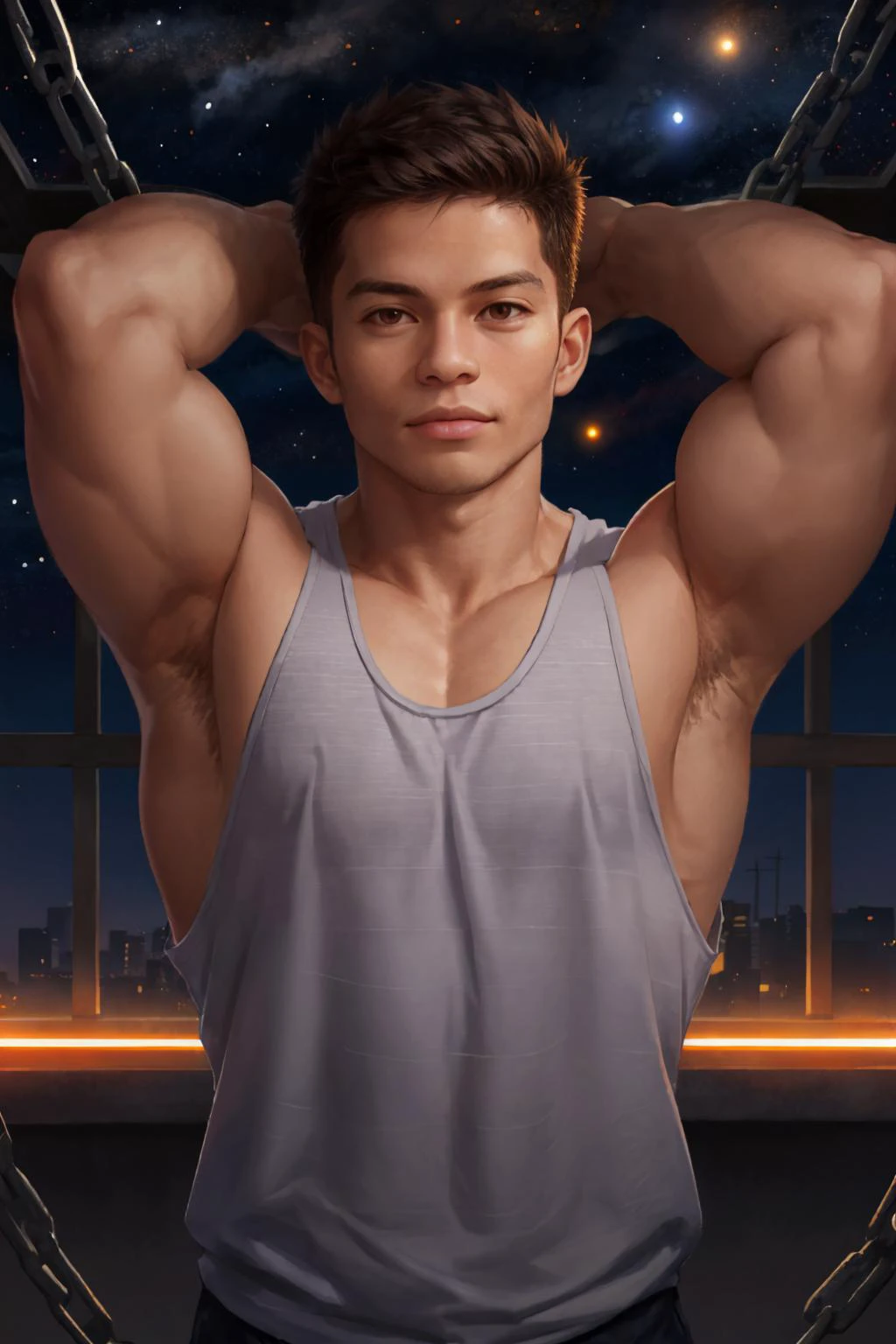 <lora:ip-adapter-faceid-plusv2_sd15_lora:0.8>, solo, 1boy, male focus, tank top, upper body, a man in a tank top, in prison, dark orange night sky