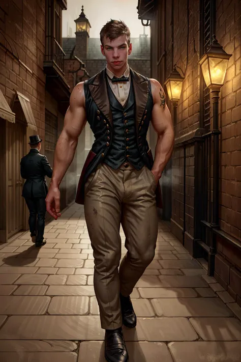 artistic painting, cinematic angle, PaulWalker <lora:PaulWalker:0.8>, dressed as Victorian gentleman wearing a c0rset, fitted trousers, sleeveless, Victorian London background, <lora:add_detail:0.5>, dimly lit cobblestone alley, fain mist, late 19th century, aged and weathered brickwork, gas lamp casting long shadows, soft focus effect, low focused lighting, light fog, confident pose <lora:Clothing - Male Corset Vest:0.5>