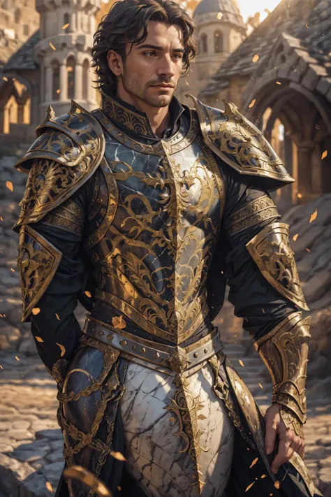 face portrait of a man, wearing (medieval full armor), outdoors, intense sunlight, far away castle, bokeh, depth of field, sunset, muscular, <lora:Clothing - Gold Black Marble Armor:0.6> marb1e4rmor, marble, masterpiece, best quality, detailed background, depth of field, intricate details