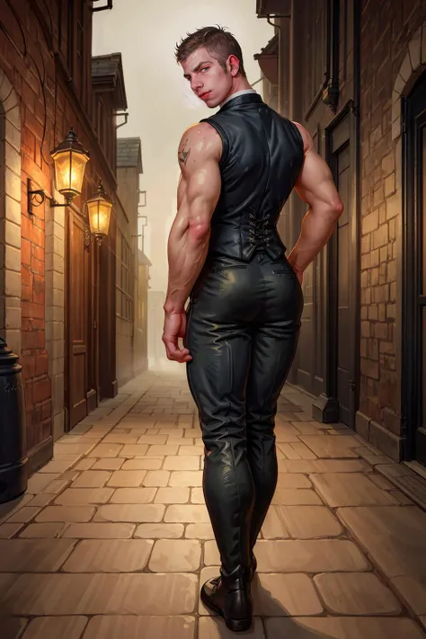 full body, from behind, strong glutes, looking back, smirk, artistic painting, 4PaulWalker <lora:PaulWalker:0.8>, dressed as Victorian gentleman wearing a c0rset, fitted trousers, sleeveless, Victorian London background, <lora:add_detail:0.5>, dimly lit cobblestone alley, fain mist, late 19th century, aged and weathered brickwork, gas lamp casting long shadows, soft focus effect, low focused lighting, light fog, confident pose <lora:Clothing - Male Corset Vest:0.5>