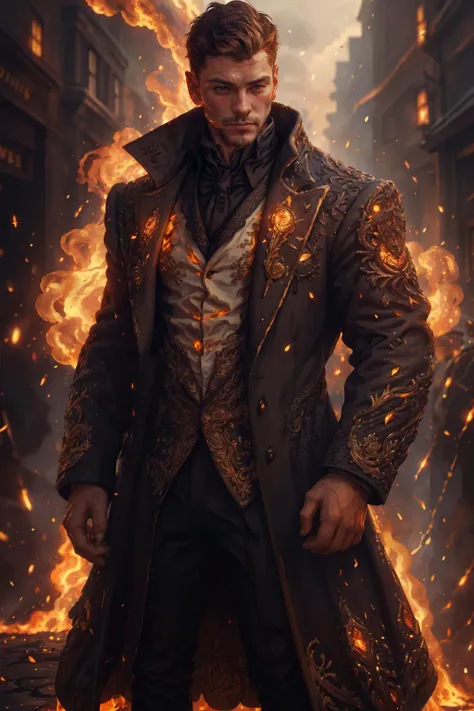 photo of a male victorian man standing in the streets of london in the 1800s, close-up, wearing victorian dress coats, <lora:Clothing - Ember Armor_v2:0.7> emb3r4rmor, embers, glowing, burning, realistic, best quality, detailed background, depth of field, intricate details