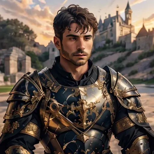 face portrait of a man, wearing (medieval full armor), outdoors, intense sunlight, far away castle, bokeh, depth of field, sunset, muscular, <lora:Clothing - Gold Black Marble Armor:0.6> marb1e4rmor, marble, masterpiece, best quality, detailed background, depth of field, intricate details