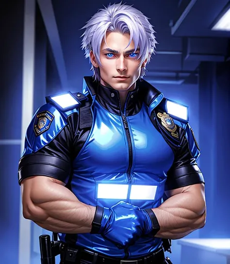 score_9, score_8, male focus, blue eyes, toned, shiny skin, hair between eyes, police uniform