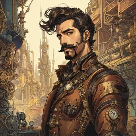 steampunk illustration by Albert Robida, handsome man, in a retrofuturistic city, moustache, goatee