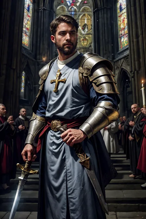 a male priest, muscular, wearing priest robe armor, holding sword, in an intricate medieval cathedral, beard, realistic, cinematic, best quality, detailed background, depth of field, intricate details, dynamic pose, dynamic angle