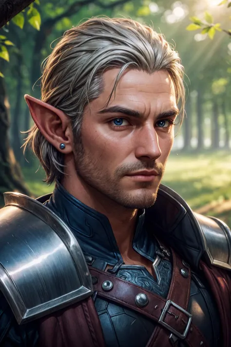 male elf, lotr, fantasy, silver hair, looking at viewer, detailed skin, High detail RAW color art, piercing, diffused soft lighting, shallow depth of field, sharp focus, cinematic lighting, (pointed ears), close up of face, wearing intricate medieval armor, metal reflections, sunlight, outdoors, stubble, (extreme close up:1.3),, best quality, masterpiece, realistic, cinematic composition, (detailed background), depth of field, intricate details, 8k, detailed skin texture, detailed face, realistic eyes, male focus, photo of a man,