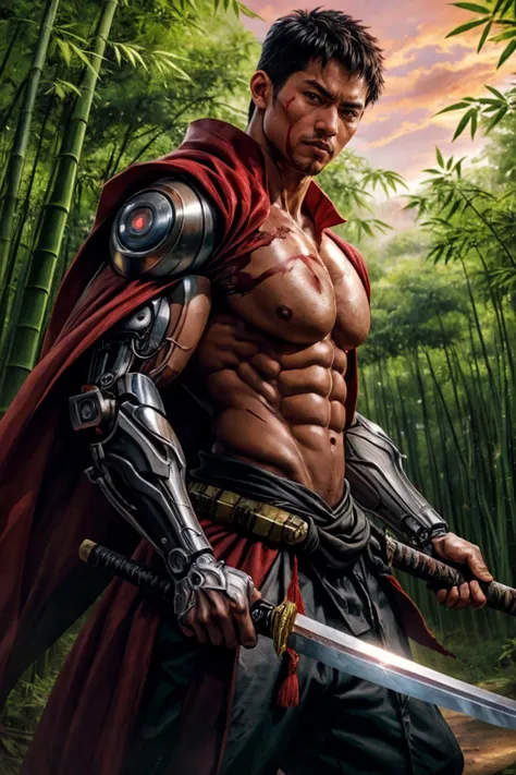 a male (cyborg) samurai, red torn half cape, holding katana, a red sunset landscape, in a bamboo forest, muscular, realistic, cinematic, best quality, detailed background, depth of field, intricate details, dynamic pose, dynamic angle