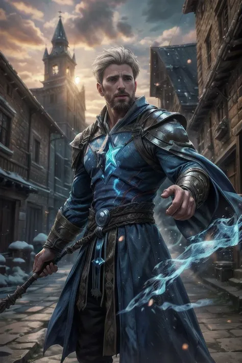 european man in intricate sexy mage robes, medieval, castle in background, looking at viewer, (chrisevans person), short hair, white hair, outdoors, sky, sunset, upper body, magic, cryokinesis, dynamic pose, fighting stance, casting spell, backlighting, portrait, close up, exposed chest, abs, magic blue eyes, best quality, masterpiece, realistic, cinematic composition, (detailed background), depth of field, intricate details, 8k, detailed skin texture, detailed face, realistic eyes, male focus, photo of a man,
<lora:chrisevans_30760:1>, <lora:Concept - Cryomancer:0.4>