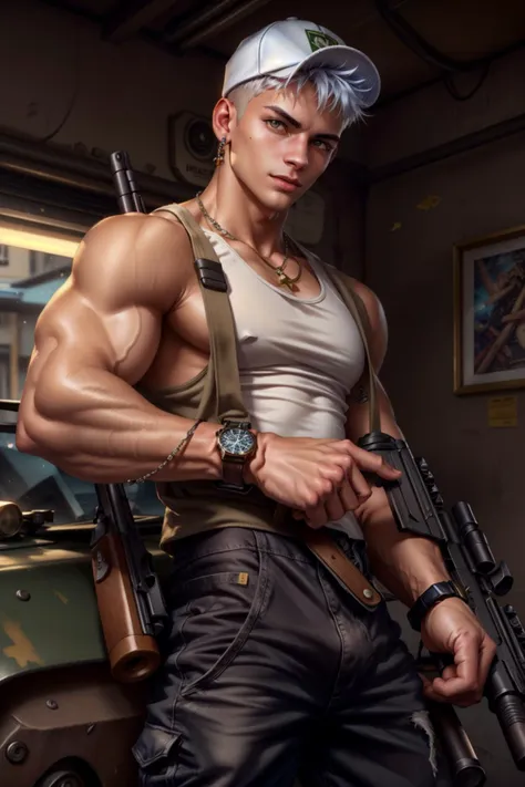 <lora:ip-adapter-faceid-plusv2_sd15_lora:1>, ((masterpiece)), ((best quality:1.2)), High Resolution, 8k, (ultra_realistic:1.3), (photorealistic:1.4), male focus, 1boy, backwards hat, weapon, tank top, solo, white tank top, rifle, pants, wristwatch, gun, holding weapon, muscular, holding, watch, assault rifle, baseball cap, holding gun, hat, short hair, black pants, pectorals, muscular male, looking at viewer, brown eyes, bara, jewelry, black hair, bracelet, parted lips, realistic