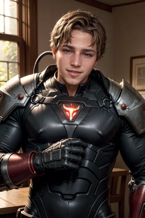 realistic,masterpiece,best quality,cinematic,dynamic lighting,soft shadow,highest detail,professional photography,detailed background,depth of field,insane details,intricate,aesthetic,detailed face,subsurface scattering,realistic hair,realistic eyes,1boy,slim,portrait photo of a grinning (dg_ShawnPyfrom) wearing black/red mecha power armor,glowing,cables,wires,volcanic landscape background,short hair,stubble,upper body,<lora:dg_ShawnPyfrom-v1:0.8>,