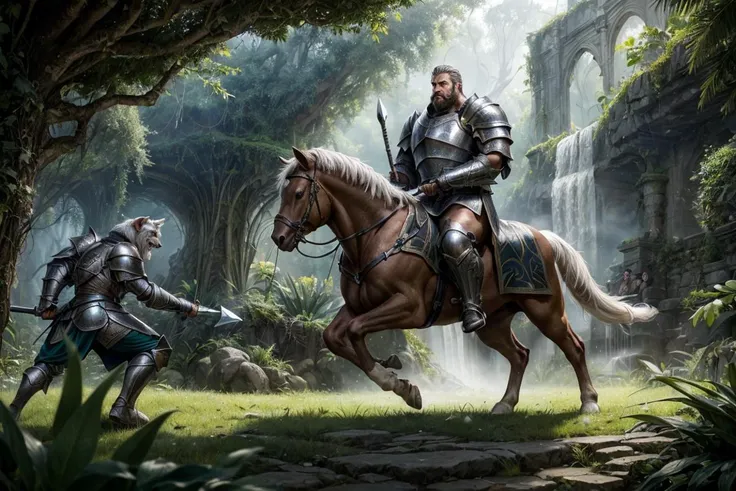 Action scene, dynamic pose, firm stance, combat stance,
Focus on (middle earth, Knight Charging into battle on horseback, wielding a lance and clad in heavy armor, Enigma, Short, Thin, Square Face, Olive Skin, Silver Hair, teal Eyes, Wide Nose, Thin Lips, Sharp Chin, Circle Beard, Long, Curly, An ancient, mystical ruin, hidden deep in a dense, overgrown jungle, Tolkien) fighting (Gnoll),
In a grand library filled with magical books and scrolls, guarded by animated statues,