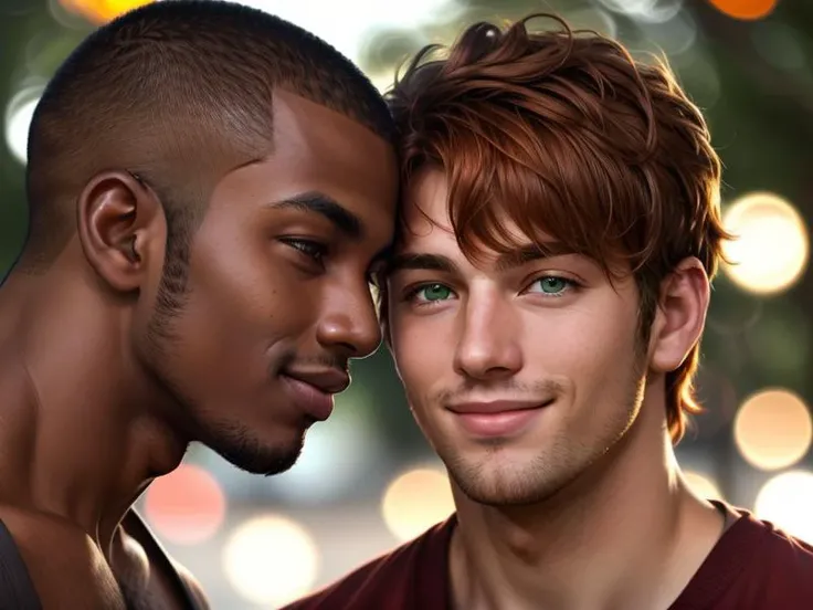 two men, face to face, close-up, bokeh, warm, vibrant, romance BREAK dark-skinned male, brown eyes, shaved head BREAK man, auburn hair, green eyes smile, stubble