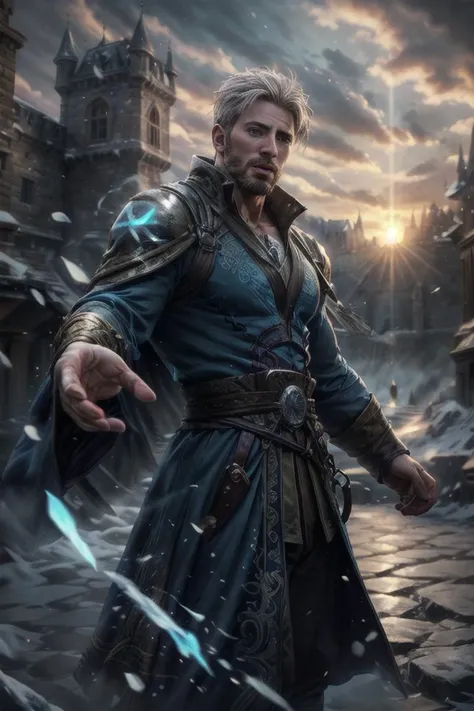 european man in intricate sexy mage robes, medieval, castle in background, looking at viewer, (chrisevans person), short hair, white hair, outdoors, sky, sunset, upper body, magic, cryokinesis, dynamic pose, fighting stance, casting spell, backlighting, portrait, close up, exposed chest, abs, magic blue eyes, best quality, masterpiece, realistic, cinematic composition, (detailed background), depth of field, intricate details, 8k, detailed skin texture, detailed face, realistic eyes, male focus, photo of a man,
<lora:chrisevans_30760:1>, <lora:Concept - Cryomancer:0.4>